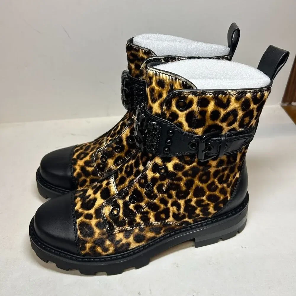 Karl Lagerfeld Womens 7 M Leopard Print Cow Fur Maeva Combat Boots DISPLAY QY6